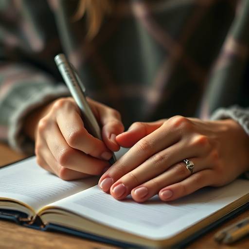 Close-up of hands writing in a gratitude journal