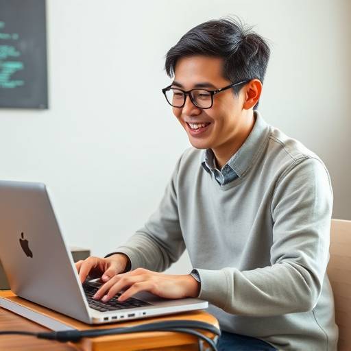 David Lee, a student, coding on his laptop with enthusiasm.
