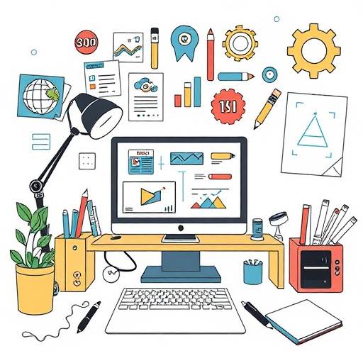 Graphic design tools and illustrations displayed on a professional workstation