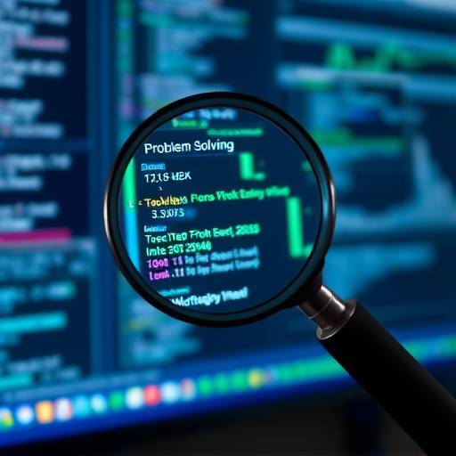Person holding a magnifying glass looking at a computer screen, symbolizing problem reporting
